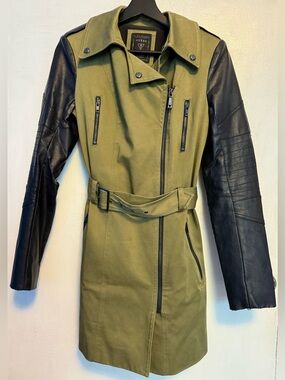 Guess Asymmetrical Army Green & Faux Leather Belted Coat